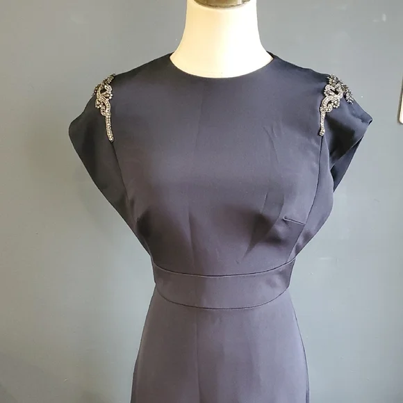 Theia 100% Silk Formal   Blue Cap Sleeve Crew Neck Gown Sz 2 - Picture 3 of 17